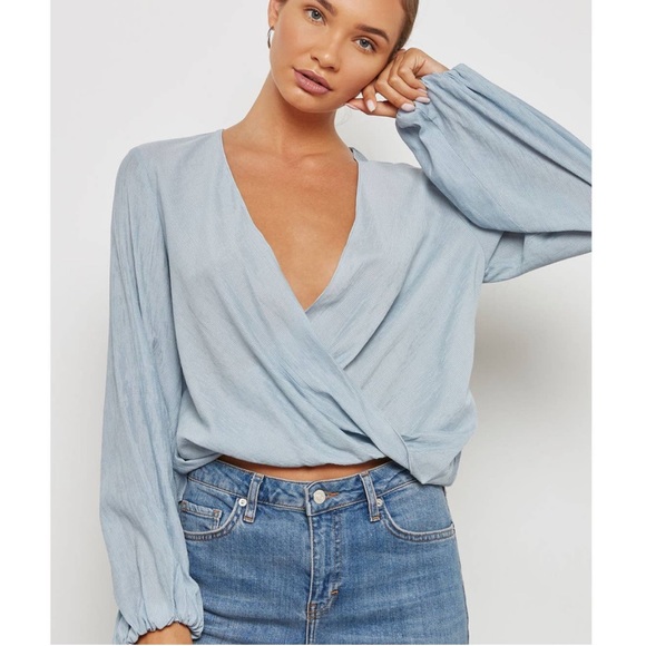 Topshop Tops - Baby Blue Pinstripe Twist Front Surplice Faux Wrap Long Sleeve Top
